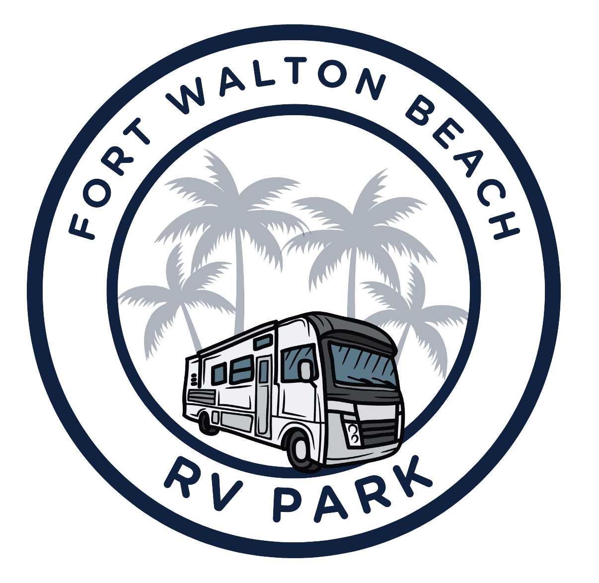 Logo for Fort Walton Beach RV Park featuring an RV and palm trees within a circular blue border.