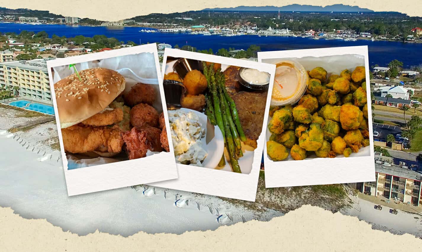 Collage of three photos on a beach and cityscape background. Images show a burger with fries, grilled asparagus with mashed potatoes, and fried Brussels sprouts.