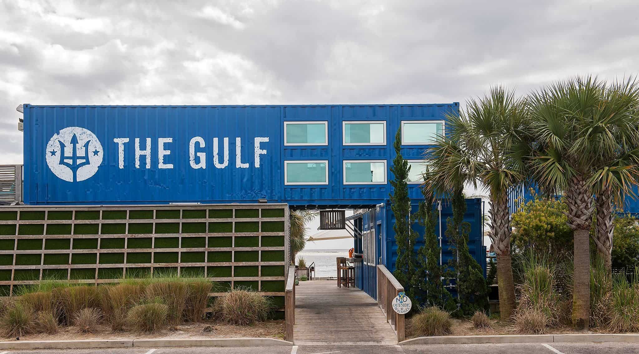 A blue shipping container building with