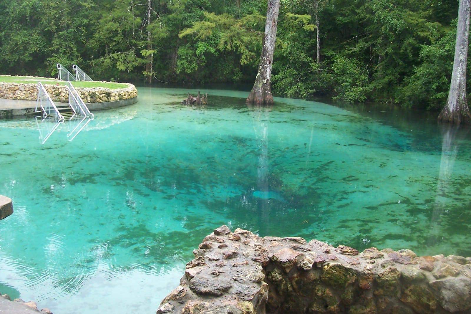 A serene natural spring with crystal-clear turquoise water, surrounded by lush green trees. A stone pathway leads to metal stairs descending into the water. The tranquil scene is enhanced by the vibrant greenery reflecting in the water.