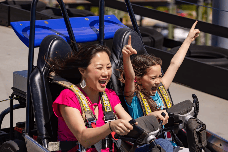 Two people, an adult and a child, are excitedly riding a go-kart together. Both are smiling and raising their hands, with the child pointing upwards. They are secured with harnesses in a double-seat kart on an outdoor track.