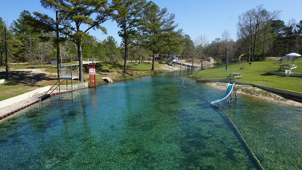 A clear blue spring-fed swimming hole with a slide and diving tower. Surrounded by trees and grass, the area has picnic tables and a rope dividing the swim zone. The sky is clear and sunny.