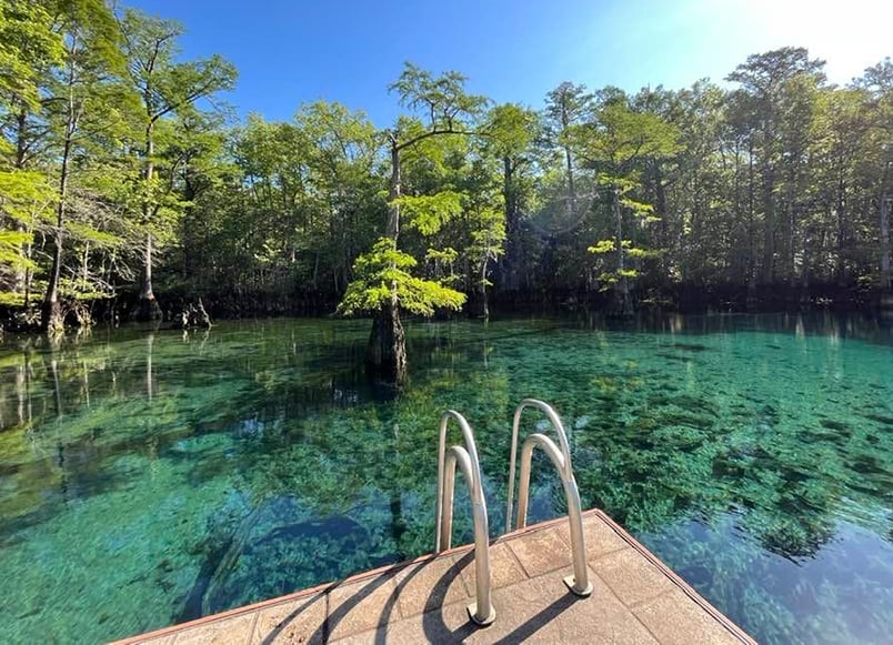 Clear turquoise water with visible aquatic plants fills a natural spring surrounded by lush trees. A metal handrail leads into the water from a sandy surface in the foreground, under a bright blue sky.