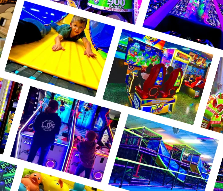 A collage of vibrant arcade images: children playing on a slide, a futuristic two-seater racing game, kids at an air hockey table, colorful claw machines with plush toys, and a multi-level indoor playground with slides.